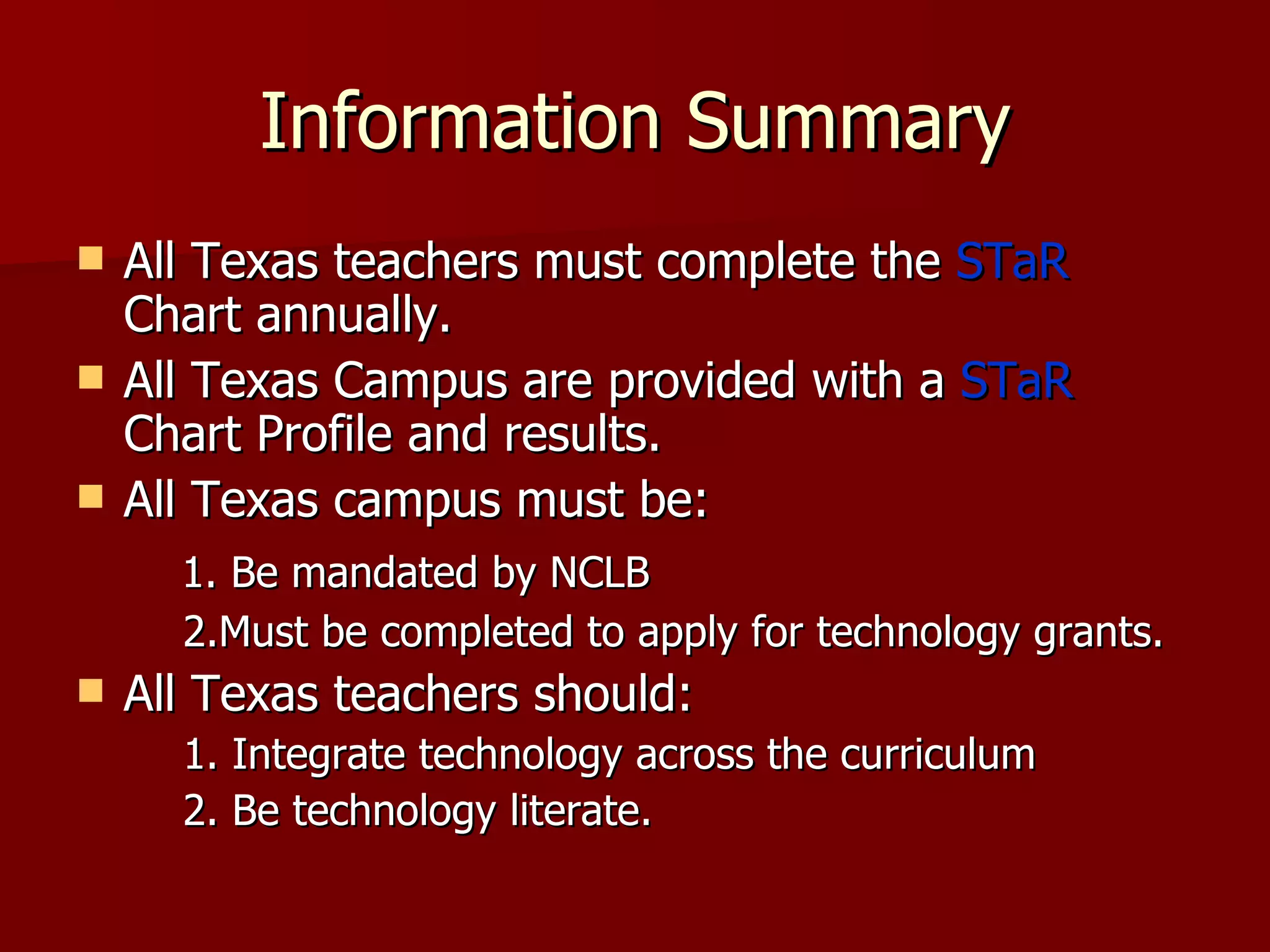 Information Summary All Texas teachers must complete the  STaR  Chart annually.  All Texas Campus are provided with a  STaR  Chart Profile and results. All Texas campus must be: 1. Be mandated by NCLB 2.Must be completed to apply for technology grants. All Texas teachers should: 1. Integrate technology across the curriculum 2. Be technology literate. 