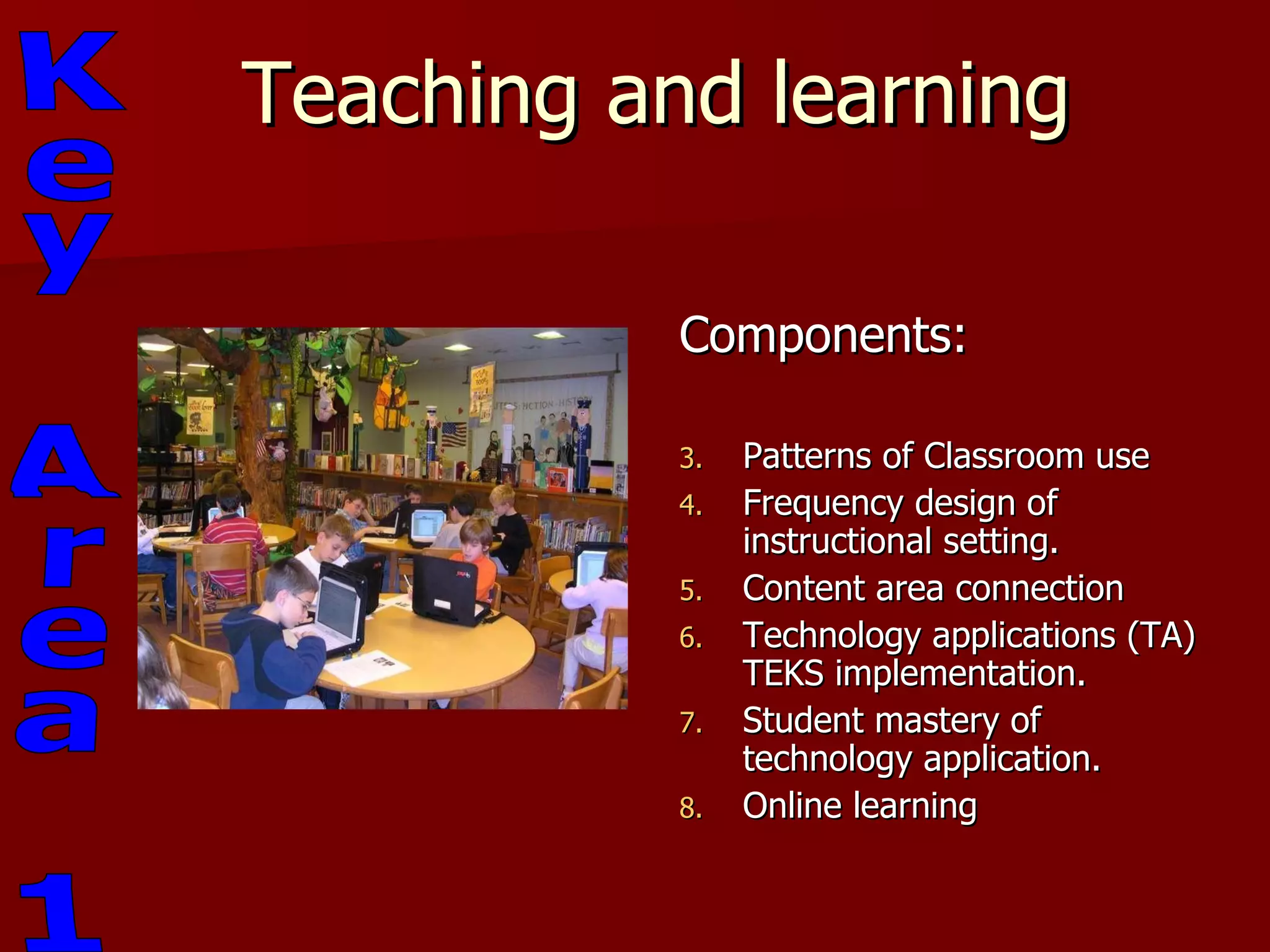 Teaching and learning Components: Patterns of Classroom use Frequency design of instructional setting. Content area connection Technology applications (TA) TEKS implementation. Student mastery of technology application. Online learning Key Area 1 