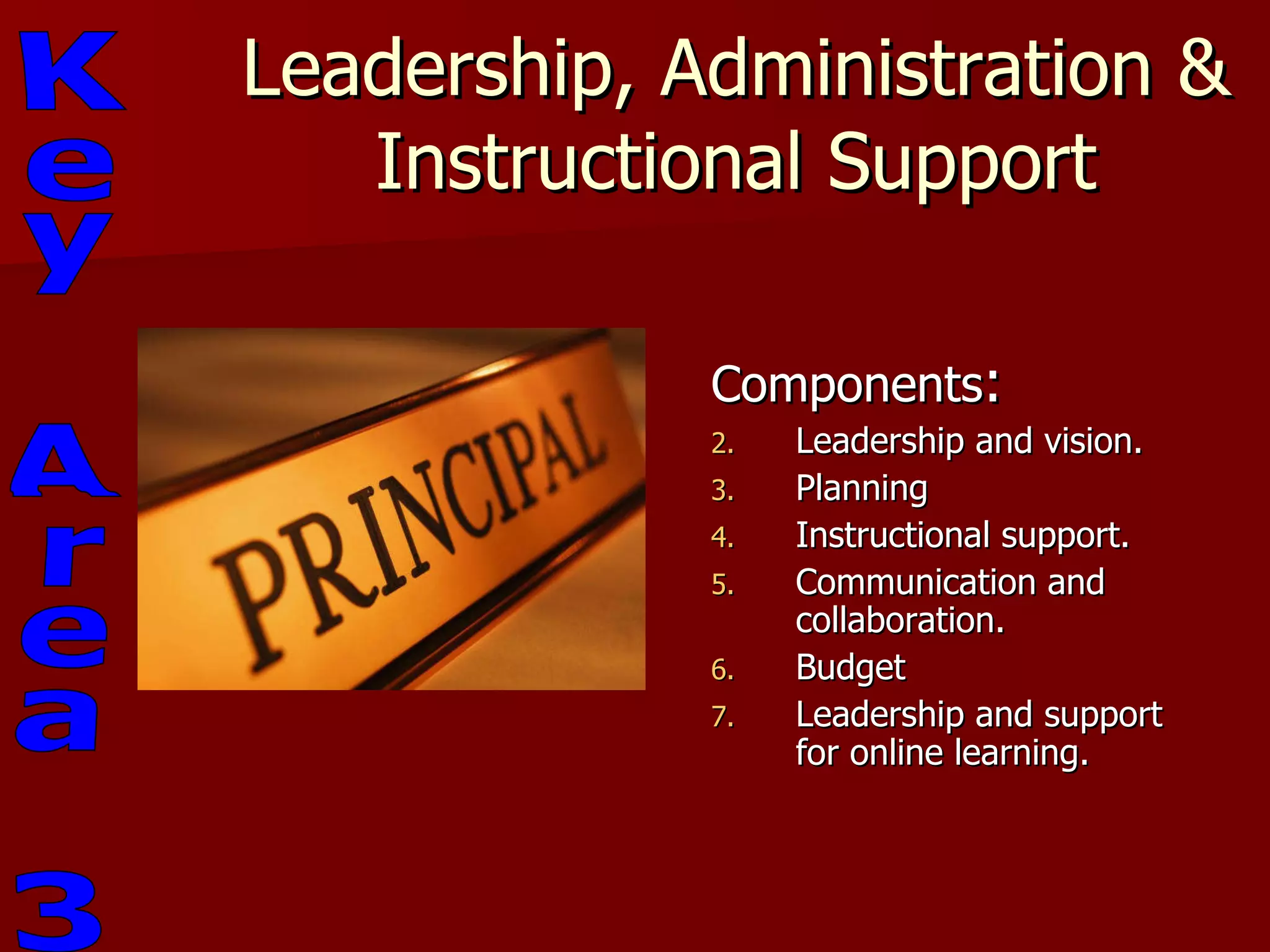 Leadership, Administration & Instructional Support Components : Leadership and vision. Planning Instructional support. Communication and collaboration. Budget Leadership and support for online learning.  Key Area 3 