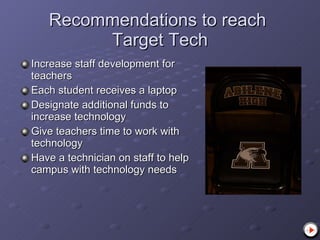 Recommendations to reach  Target Tech Increase staff development for teachers Each student receives a laptop Designate additional funds to increase technology Give teachers time to work with technology Have a technician on staff to help campus with technology needs 