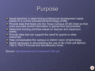 Purpose Assist teachers in determining professional development needs based on a current educational technology profile. Provide data that feeds into the Texas Campus STaR Chart so that more accurate school information is gained and documented. Determine funding priorities based on teacher and classroom needs. Provide data that can support the need for grants or other resources. Help conceptualize the campus or district vision of technology. Assist campuses in documenting the use of  No Child Left Behind, Title II, Part D  formula and discretionary funds. Source:  http://starchart.esc12.net/docs/TxTSC.pdf 