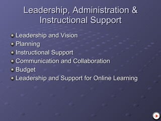 Leadership, Administration & Instructional Support Leadership and Vision Planning Instructional Support Communication and Collaboration Budget Leadership and Support for Online Learning 