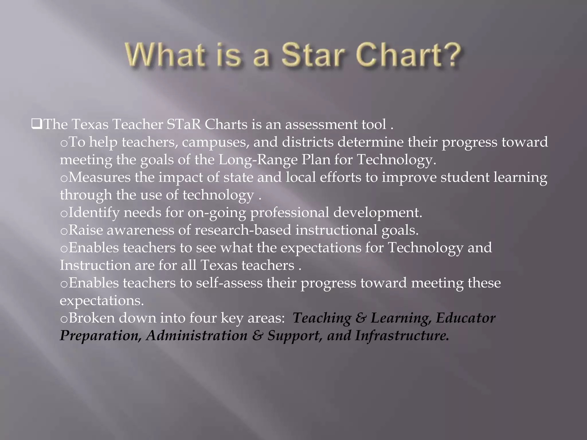 What is a Star Chart?The Texas Teacher STaR Charts is an assessment tool .
