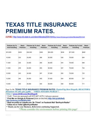 TEXAS TITLE INSURANCE
PREMIUM RATES.
LINK: http://www.tdi.state.tx.us/orders/titlerates2004.htmlhttp://www.tdi.texas.gov/orders/titlerates2004.html


 Policies Up To     Basic  Policies Up To And  Basic  Policies Up To And  Basic  Policies Up To And  Basic
 And Including     Premium      Including     Premium      Including     Premium      Including     Premium


$10,000           $229       $32,500           $383       $55,000           $536        $77,500           $690


10,500            233        33,000            386        55,500            539         78,000            694


11,000            235        33,500            390        56,000            544         78,500            698


11,500            239        34,000            393        56,500            547         79,000            702


12,000            243        34,500            397        57,000            550         79,500            703


12,500            246        35,000            400        57,500            554         80,000            707


13,000            250        35,500            404        58,000            558         80,500            711



Page 1 of 6 TEXAS TITLE INSURANCE PREMIUM RATES. Posted by Ben Huynh, REALTOR®
Houston TX 281.561.5386. “FREE NOTARY PUBLIC”.
http:// www.HAR.com/BenHuynh
 * Call / Text my personal cell 832.607.1679, I always answer.
* Find Me on Google & Pinterest (click on the link) http://bit.ly/z8U9sQ
http://pinterest.com/BENHUYNH/
* Read me profile on LinkedIn.com Be “Friend” on Facebook Wall “BenHuynh-Realtor”
* Follow me on Twitter @BenHuynhRealtor
* Thank you for your Business, Referral & continuing Supported.
                  * Please consider the environment before printing this page!
 