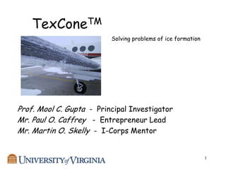 TexConeTM
                          Solving problems of ice formation




Prof. Mool C. Gupta - Principal Investigator
Mr. Paul O. Caffrey - Entrepreneur Lead
Mr. Martin O. Skelly - I-Corps Mentor


                                                              1
 
