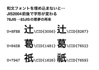 JIS2004
78JIS    83JIS


U+8FBB           CID{3056}   CID{8267}


U+845B           CID{1481}   CID{7652}


U+7947           CID{1626}   CID{7659}
 