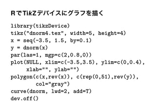 R   Tik Z
library(tikzDevice)
tikz(dnorm4.tex, width=5, height=4)
x = seq(-3.5, 1.5, by=0.1)
y = dnorm(x)
par(las=1, mgp=c(2,0.8,0))
plot(NULL, xlim=c(-3.5,3.5), ylim=c(0,0.4),
     xlab=, ylab=)
polygon(c(x,rev(x)), c(rep(0,51),rev(y)),
        col=gray)
curve(dnorm, lwd=2, add=T)
dev.off()
 