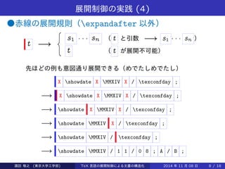 展開制御の実践(4) 
●赤線の展開規則（expandafter 以外） 
t ! 
8 
: 
s1    sn （ t と引数! s1    sn ） 
t （ t が展開不可能） 
先ほどの例も意図通り展開できる（めでたしめでたし） 
X showdate X MMXIV X / texconfday ; 
! X showdate X MMXIV X / texconfday ; 
! showdate X MMXIV X / texconfday ; 
! showdate MMXIV X / texconfday ; 
! showdate MMXIV / texconfday ; 
! showdate MMXIV / 1 1 / 0 8 ; A / B ; 
Takashi SUWA (東京大学工学部) TeX 言語の展開制御による文書の構造化2014 年11 月08 日8 / 20 
 