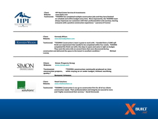 Client:      HPI Real Estate Services & Investments
 Website:     www.hpitx.com
 Testimonial: “TEXERRA has completed multiple construction jobs and they have finished
              on schedule and within budget every time. More importantly, the TEXERRA team
              always impresses our customers with their professionalism and courtesy, leaving
              everyone with a positive construction experience.” Lawrence O’Connor




Client:       Kennedy Wilson
Website:      www.kennedywilson.com

Testimonial: “TEXERRA Construction’s team is great to work with. I handed them a 9,000 sqft
              finish out requirement that needed to be completed within four weeks. TEXERRA
              completed the finish out with a few days to spare and came in right on budget.
              They went the extra mile on several items that were discovered during
construction and delivered the space to the tenant in excellent condition.”           Michael
Looney




Client:        Simon Property Group
Website:       www.simon.com

Testimonial:            “TEXERRA construction continually produced on time
construction projects,  while staying on or under budget, without sacrificing
quality.”
             Benjamin Arbogast


Client:       Retail Solutions
Website:      www.retailsoutions.us

Testimonial: “TEXERRA Construction is our go to construction firm for all of our clients
             construction needs. Their professionalism and integrity are second to none
             and I highly recommend their services.” David Simmonds
 