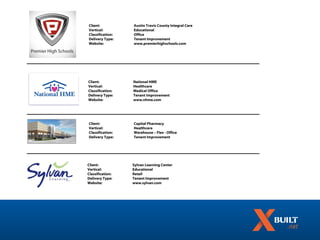 Client:           Austin Travis County Integral Care
Vertical:         Educational
Classification:   Office
Delivery Type:    Tenant Improvement
Website:          www.premierhighschools.com




Client:           National HME
Vertical:         Healthcare
Classification:   Medical Office
Delivery Type:    Tenant Improvement
Website:          www.nhme.com




Client:           Capital Pharmacy
Vertical:         Healthcare
Classification:   Warehouse – Flex - Office
Delivery Type:    Tenant Improvement




Client:           Sylvan Learning Center
Vertical:         Educational
Classification:   Retail
Delivery Type:    Tenant Improvement
Website:          www.sylvan.com
 