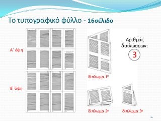 Το τυπογραφικό φύλλο - 16σέλιδο
Αριθμός
διπλώσεων:
3
δίπλωμα 1ο
δίπλωμα 2ο δίπλωμα 3ο
Α΄ όψη
Β΄ όψη
22
 
