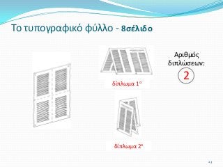 Το τυπογραφικό φύλλο - 8σέλιδο
δίπλωμα 1ο
δίπλωμα 2ο
23
Αριθμός
διπλώσεων:
2
 