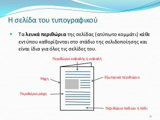 Τα λευκά περιθώρια της σελίδας (ατύπωτο κομμάτι) κάθε
εντύπου καθορίζονται στο στάδιο της σελιδοποίησης και
είναι ίδια για όλες τις σελίδες του.
Η σελίδα του τυπογραφικού
Περιθώριο ράχη
Περιθώριο κεφαλής ή κεφαλή
Εξωτερικό περιθώριο
Περιθώριο ποδιών ή πόδι
Ράχη
27
 