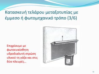 Κατασκευή τελάρου μεταξοτυπίας με
έμμεσο ή φωτομηχανικό τρόπο (3/6)
Επιχρίουμε με
φωτοευαίσθητη
υδροδιαλυτή στρώση
υλικού τη γάζα και στις
δύο πλευρές…
23
 
