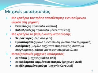 1. Με κριτήριο τον τρόπο τοποθέτησης εκτυπούμενου
υλικού στη μηχανή:
 Επίπεδες (η σπάτουλα κινείται)
 Κυλινδρικές (η σπάτουλα μένει σταθερή)
2. Με κριτήριο το βαθμό αυτοματοποίησης:
 Χειροκίνητες (όλα στο χέρι)
 Ημιαυτόματες (μόνο η εκτύπωση γίνεται από τη μηχανή)
 Αυτόματες (μεγάλη ταχύτητα παραγωγής, σύστημα
στεγνώματος, ράφια για το εκτυπωμένο υλικό)
3. Μεταξοτυπικές μηχανές υφάσματος:
 σε τόπια (μηχανές Roll to Roll)
 σε υφάσματα κομμένα σε πατρόν (μηχανές Oval)
 σε ήδη ραμμένα ρούχα (μηχανές Carousel)
29
Μηχανές μεταξοτυπίας
 