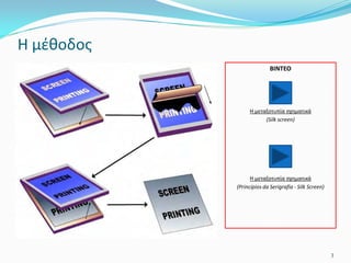 Η μέθοδος
3
ΒΙΝΤΕΟ
Η μεταξοτυπία σχηματικά
(Silk screen)
Η μεταξοτυπία σχηματικά
(Princípios da Serigrafia - Silk Screen)
 