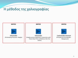 ΒΙΝΤΕΟ
Χαλκογραφία
(Intaglio process explained in conjunction with
Chuck Close Prints exhibition at the Frist
Center)
ΒΙΝΤΕΟ
Χαλκογραφία
(Printmaking Processes: Intaglio)
Η μέθοδος της χαλκογραφίας
9
ΒΙΝΤΕΟ
Η χαλκογραφία σχηματικά
(Princípios da Encavografia -
Rotogravura)
 