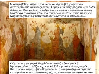 Σε άσπρο βάθος µαύροι, πρασινωποί και κίτρινοι βράχοι φάνταζαν
κατάσπαρτοι από κόκκινους κρίνους. Σε µπουκέτα τρεις τρεις µαζί, ήταν άλλοι
ολάνοιχτοι, άλλοι µισάνοιχτοι ακόµα κι οι πιότεροι σε µπουµπούκια που λες
λικνιζόντανε στο αεράκι, πάνω στα χρυσά τους κοτσάνια. Τρεις στήµονες κι
ένας ύπερος που τους ξεπερνούσε, φύτρωναν από το κάθε λουλούδι.
Ανάµεσά τους µαυρογάλαζα χελιδόνια πετάριζαν ζευγαρωτά ή
ξεµοναχιασµένα, σπαθίζοντας το λευκό βάθος µε τα λιγνά τους κορµάκια.
Ήτανε τόσο όµορφα […] που θαρρούσες ότι η ίδια η άνοιξη γλίστρησε απ’
την πορτούλα να φουντώσει στους τοίχους. Ν. Τζώρτζογλου, Όταν οργίζεται η γη, σελ 69
 