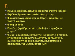 Γ.
 Κουκιά, αρακάς, ρεβύθια, φασόλια σούπα (έτνος)
 Ρεβύθια βραστά πασπαλισμένα με τυρί
 Φακοπτισάνη (φακή και κριθάρι) – ταιριάζει με
 παστό χοιρινό
 Φακή με ξύδι
 Πτισάνη (κριθάρι, πράσο, άνιθο) – ταιριάζει με
 χοιρινό
 Ψωμί : χονδρίτης, εσχαρίτης, κριβανίτης, δίπυρος,
 επανθρακίδα, βάκχυλος, λάγανο, αρτολάγανο,
 οβελίας,Καππαδόκιος, βωλιτινός,σρεπτίκιος,
 σησαμίτης, τυρώντας, φθοις κλπ.
 