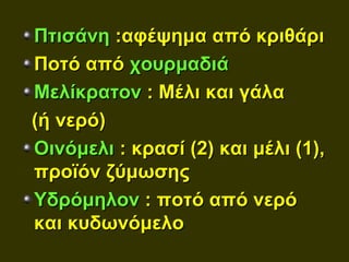 Πτισάνη :αφέψημα από κριθάρι
Ποτό από χουρμαδιά
Μελίκρατον : Μέλι και γάλα
(ή νερό)
Οινόμελι : κρασί (2) και μέλι (1),
προϊόν ζύμωσης
Υδρόμηλον : ποτό από νερό
και κυδωνόμελο
 