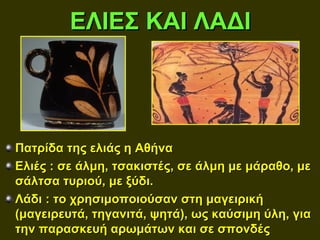 ΕΛΙΕΣ ΚΑΙ ΛΑΔΙ




Πατρίδα της ελιάς η Αθήνα
Ελιές : σε άλμη, τσακιστές, σε άλμη με μάραθο, με
σάλτσα τυριού, με ξύδι.
Λάδι : το χρησιμοποιούσαν στη μαγειρική
(μαγειρευτά, τηγανιτά, ψητά), ως καύσιμη ύλη, για
την παρασκευή αρωμάτων και σε σπονδές
 