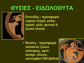 ΘΥΣΙΕΣ - ΕΙΔΩΛΟΘΥΤΑ
    Σπονδές : προσφορά
    υγρών (νερό, γάλα,
    κρασί, μέλι, φυτικά ή
    ζωικά έλαια)



    Θυσίες : προσφορά
    οικιακών ζώων
    (κόκορας, αρνί,
    κριάρι, άλογο,
    εκατόμβη=100 βόδια)
 