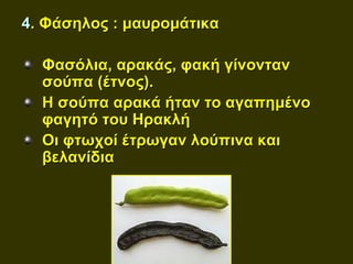 4. Φάσηλος : μαυρομάτικα

  Φασόλια, αρακάς, φακή γίνονταν
  σούπα (έτνος).
  Η σούπα αρακά ήταν το αγαπημένο
  φαγητό του Ηρακλή
  Οι φτωχοί έτρωγαν λούπινα και
  βελανίδια
 