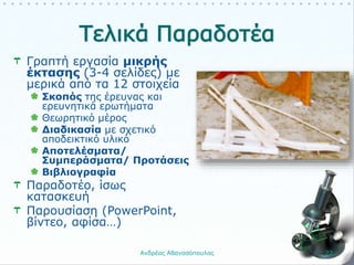 Γραπτή εργασία μικρής
έκτασης (3-4 σελίδες) με
μερικά από τα 12 στοιχεία
Σκοπός της έρευνας και
ερευνητικά ερωτήματα
Θεωρητικό μέρος
Διαδικασία με σχετικό
αποδεικτικό υλικό
Αποτελέσματα/
Συμπεράσματα/ Προτάσεις
Βιβλιογραφία
Παραδοτέο, ίσως
κατασκευή
Παρουσίαση (PowerPoint,
βίντεο, αφίσα…)
Ανδρέας Αθανασόπουλος 22
 