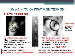 Τι είναι το ράστερ
Πρωτότυπη τονική εικόνα
(Φωτογραφία με τονικές
διαβαθμίσεις μεταξύ μαύρου
και λευκού, δηλαδή με:
Μαύρο – Λευκό – Γκρι)
Λεπτομέρεια της εικόνας αφού
εκτυπώθηκε στο τυπογραφείο
(Απόδοση τόνων με κουκίδες
διαφορετικών μεγεθών με:
Μαύρο & Λευκό (ΌΧΙ ΓΚΡΙ)
ΦΩΤΟΓΡΑΦΙΑ ΤΥΠΩΜΕΝΗ ΜΕ ΡΑΣΤΕΡ:
ΨΕΥΔΑΙΣΘΗΣΗ ΤΟΝΙΚΩΝ ΔΙΑΒΑΘΜΙΣΕΩΝ
ΠΡΩΤΟΤΥΠΗ ΦΩΤΟΓΡΑΦΙΑ:
ΠΡΑΓΜΑΤΙΚΕΣ ΤΟΝΙΚΕΣ ΔΙΑΒΑΘΜΙΣΕΙΣ
Εκτύπωση
εικόνας με
ΜΑΥΡΟ
ΜΕΛΑΝΙ
 