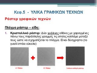 Ράστερ γραφικών τεχνών
Πλέγμα ράστερ – είδη:
1. Κρυσταλλικό ράστερ: Δύο γυάλινες οθόνες με χαραγμένες
πάνω τους παράλληλες γραμμές τις οποίες κολλάμε μεταξύ
τους ώστε να σχηματίζεται το πλέγμα. Είναι δύσχρηστο (το
γυαλί σπάει εύκολα)
 