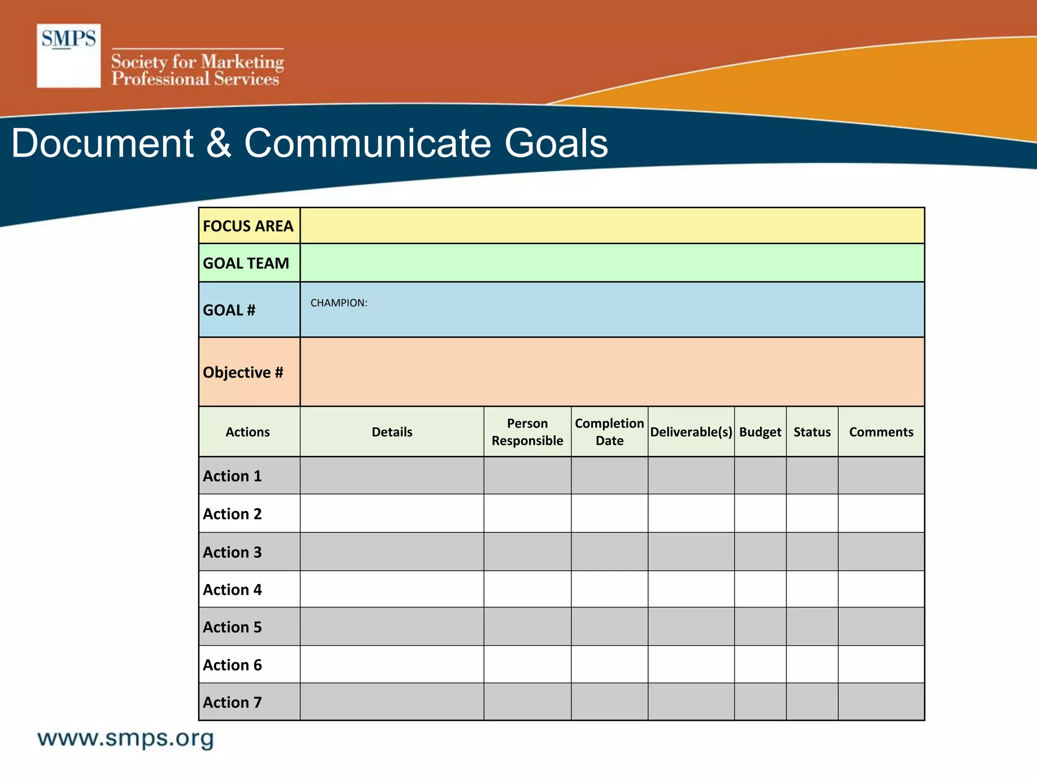 Document & Communicate Goals
FOCUS AREA
GOAL TEAM
GOAL #
CHAMPION:
Objective #
Actions Details
Person
Responsible
Completion
Date
Deliverable(s) Budget Status Comments
Action 1
Action 2
Action 3
Action 4
Action 5
Action 6
Action 7
 