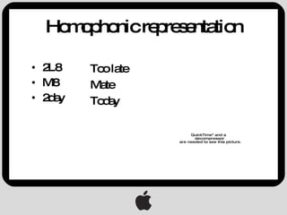 Homophonic representation 2L8 M8 2day Too late Mate Today 
