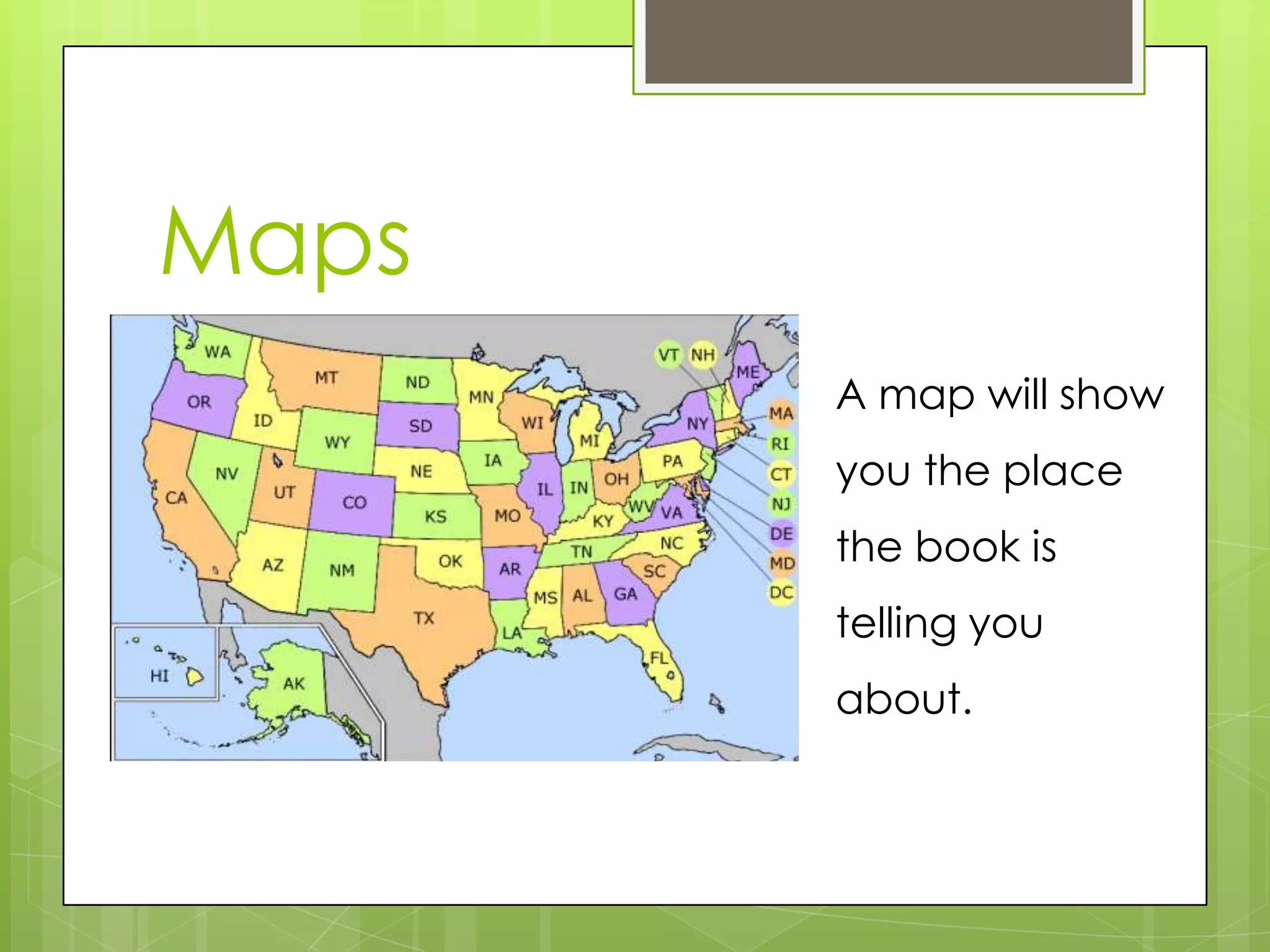 Maps
A map will show
you the place
the book is
telling you
about.