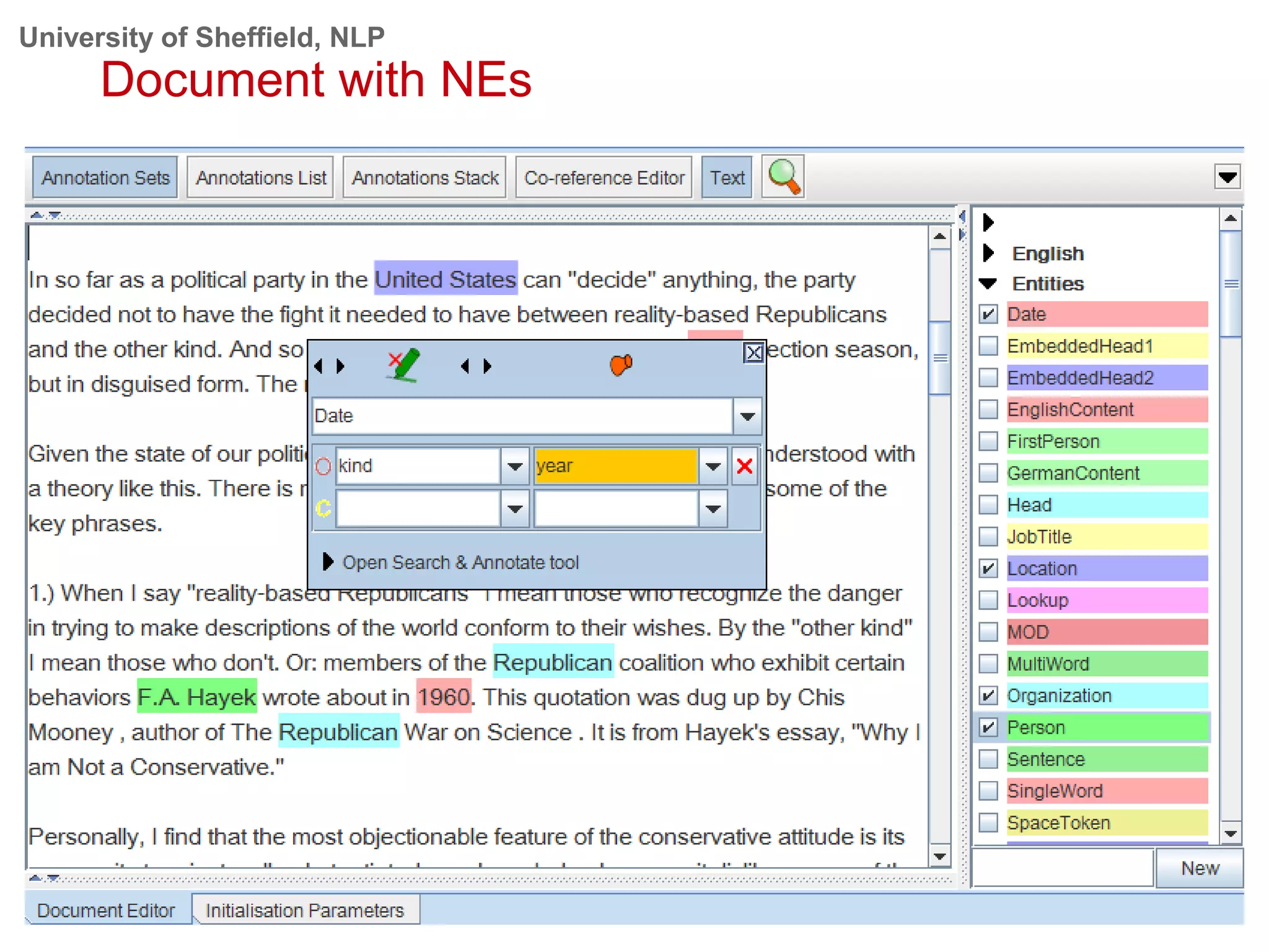 University of Sheffield, NLP
Document with NEs
 