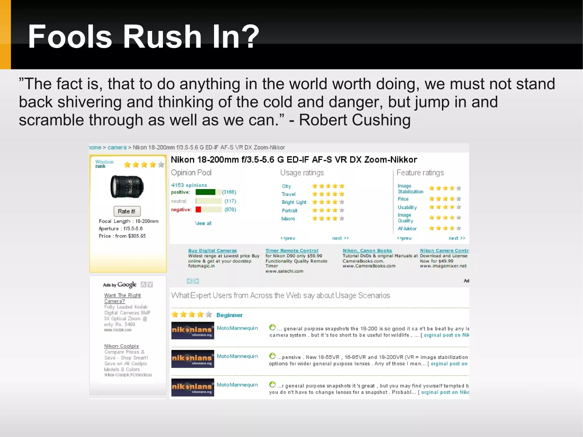 Fools Rush In?
”The fact is, that to do anything in the world worth doing, we must not stand
back shivering and thinking of the cold and danger, but jump in and
scramble through as well as we can.” - Robert Cushing
 