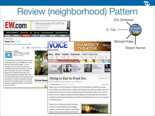 Review (neighborhood) Pattern
                           Eric Schlosser


                     E. Coli


                          Michael Pollan

                                   Robert Kenner
 