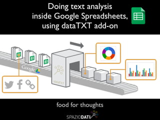Doing text analysis	

inside Google Spreadsheets,	

using Text Mining add-on
†
food for thoughts
 
