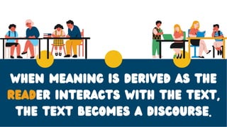 when meaning is derived as the
reader interacts with the text,
the text becomes a discourse.
 