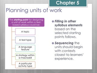 Planning units of work
The starting point for designing
a unit of work within a text-
based syllabus could be:
A topic
A text-type
A language
feature
A strategy within
a macroskill
A particular
activity type
Chapter 5
 Filling in other
syllabus elements
based on the
selected starting
points follows.
 Sequencing the
units should begin
with contexts
closest to learners’
experience.
 