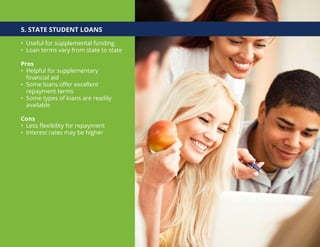 5. STATE STUDENT LOANS
• Useful for supplemental funding
• Loan terms vary from state to state
Pros
• Helpful for supplementary
financial aid
• Some loans offer excellent
repayment terms
• Some types of loans are readily
available
Cons
• Less flexibility for repayment
• Interest rates may be higher
 