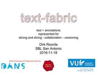 text + annotations
represented for
slicing and dicing - collaboration - versioning
Dirk Roorda
SBL San Antonio
2016-11-18
 