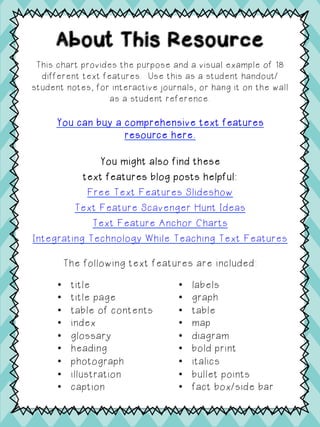 About This Resource
This chart provides the purpose and a visual example of 18
different text features. Use this as a student handout/
student notes, for interactive journals, or hang it on the wall
as a student reference.
You can buy a comprehensive text features
resource here.
You might also find these
text features blog posts helpful:
Free Text Features Slideshow
Text Feature Scavenger Hunt Ideas
Text Feature Anchor Charts
Integrating Technology While Teaching Text Features
The following text features are included:
•  title
•  title page
•  table of contents
•  index
•  glossary
•  heading
•  photograph
•  illustration
•  caption
•  labels
•  graph
•  table
•  map
•  diagram
•  bold print
•  italics
•  bullet points
•  fact box/side bar
 