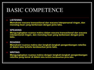 BASIC COMPETENCE
 LISTENING
Memahami wacana transactional dan wacana interpersonal ringan, dan
monolog lisan yang berkenaan dengan jenis teks.
 SPEAKING
Mengungkapkan nuansa makna dalam wacana transactional dan wacana
interpersonal ringan, dan monolog lisan yang berkenaan dengan jenis
teks.
 READING
Memahami nuansa makna dan langkah-langkah pengembangan retorika
di dalam teks tertulis berdasarkan jenis teks.
 WRITING
Mengungkapkan nuansa makna dengan langkah-langkah pengembangan
retorika yang benar di dalam teks tertulis berdasarkan jenis teks.
 