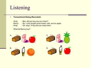 Listening
 Transactional Dialog (Recorded):
Andy : Ben, did you buy any ice cream?
Benny : No. I only bought some bread, milk, and an apple.
Andy : Oh, okay. I’ll buy the ice cream then.
What did Benny buy?
A. C.
B. D.
 