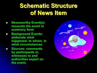 Schematic Structure
of News Item
 Newsworthy Event(s):
recounts the event in
summary form
 Background Events:
elaborate what
happened, to whom, in
what circumstances
 Sources: comments
by participants in,
witnesses to and
authorities expert on
the event.
 