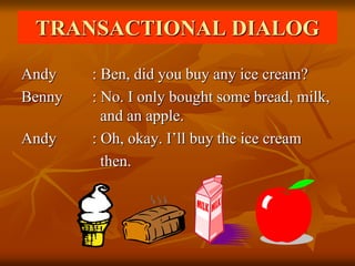 TRANSACTIONAL DIALOG
Andy : Ben, did you buy any ice cream?
Benny : No. I only bought some bread, milk,
and an apple.
Andy : Oh, okay. I’ll buy the ice cream
then.
 