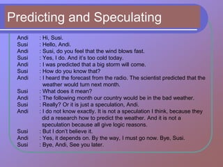 Predicting and Speculating
Andi : Hi, Susi.
Susi : Hello, Andi.
Andi : Susi, do you feel that the wind blows fast.
Susi : Yes, I do. And it’s too cold today.
Andi : I was predicted that a big storm will come.
Susi : How do you know that?
Andi : I heard the forecast from the radio. The scientist predicted that the
weather would turn next month.
Susi : What does it mean?
Andi : The following month our country would be in the bad weather.
Susi : Really? Or it is just a speculation, Andi.
Andi : I do not know exactly. It is not a speculation I think, because they
did a research how to predict the weather. And it is not a
speculation because all give logic reasons.
Susi : But I don’t believe it.
Andi : Yes, it depends on. By the way, I must go now. Bye, Susi.
Susi : Bye, Andi, See you later.
 
