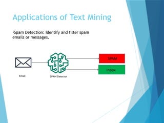Applications of Text Mining
•Spam Detection: Identify and filter spam
emails or messages.
 