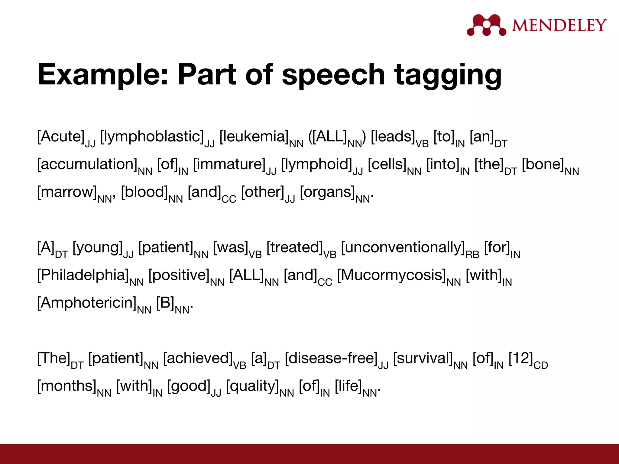 Example: Part of speech tagging
[Acute]JJ
[lymphoblastic]JJ
[leukemia]NN
([ALL]NN
) [leads]VB
[to]IN
[an]DT
[accumulation]NN
[of]IN
[immature]JJ
[lymphoid]JJ
[cells]NN
[into]IN
[the]DT
[bone]NN
[marrow]NN
, [blood]NN
[and]CC
[other]JJ
[organs]NN
.
[A]DT
[young]JJ
[patient]NN
[was]VB
[treated]VB
[unconventionally]RB
[for]IN
[Philadelphia]NN
[positive]NN
[ALL]NN
[and]CC
[Mucormycosis]NN
[with]IN
[Amphotericin]NN
[B]NN
.
[The]DT
[patient]NN
[achieved]VB
[a]DT
[disease-free]JJ
[survival]NN
[of]IN
[12]CD
[months]NN
[with]IN
[good]JJ
[quality]NN
[of]IN
[life]NN
.
 