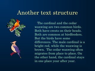Another text structure
The cardinal and the cedar
waxwing are two common birds.
Both have crests on their heads.
Both are common at birdfeeders.
But the birds have some
differences. The male cardinal is a
bright red, while the waxwing is
brown. The cedar waxwing often
migrates from place to place. On
the other hand, the cardinal stays
in one place year after year.

 
